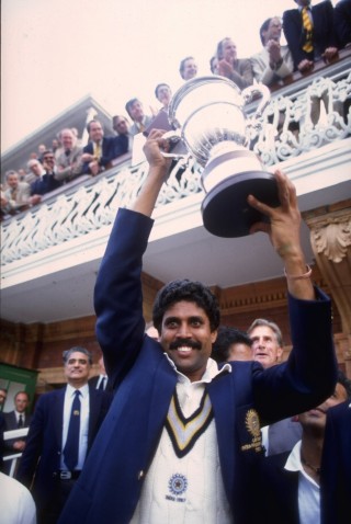 25 Jun 1983:  Kapil Dev of India lifts the Cricket World Cup after his team beat the West Indies at Lords in the final.