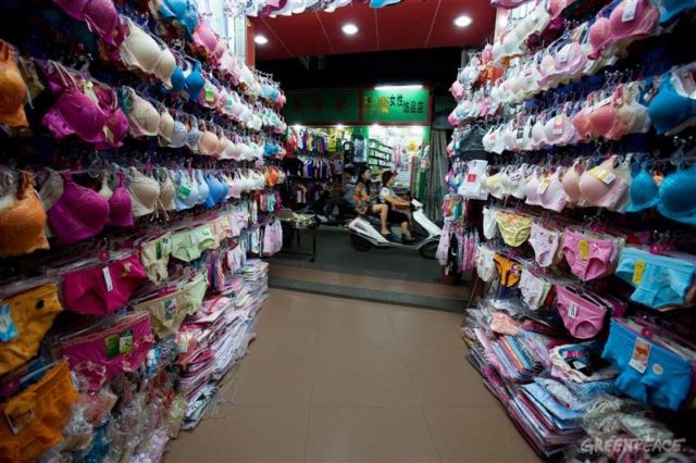 A lingerie shop in Gurao, where the economy is centered around textile production. Greenpeace has found high levels of industrial pollution and has documented the effects on the community.