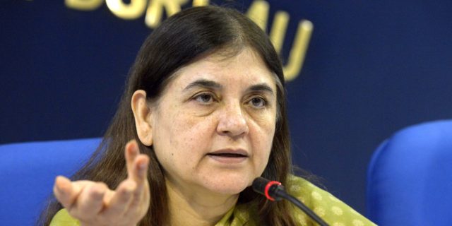 NEW DELHI,INDIA SEPTEMBER 17: Union Cabinet Minister for Women & Child Development Maneka Sanjay Gandhi addressing a press conference in New Delhi.(Photo  by Yasbant Negi/India Today Group/Getty Images)
