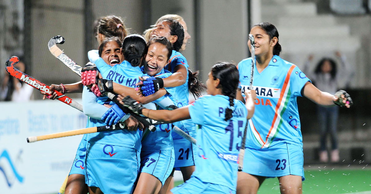 Indian women hockey team celebrate after scoring the goal by Ritu Rani against Italy during olympic qualifier at Major Dhyanchand National Stadium in New Delhi. PIC BY ANINDYA CHATTOPADHYAY
