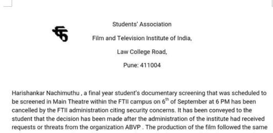 FTII Cancel Screening of film