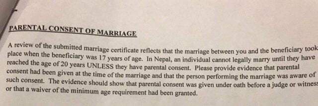 A letter of parental consent, where it is clearly stated that the parents of a minor girls, agreed to her marriage.