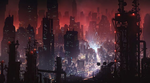 A still image of Night City from the game Cyberpunk 2077