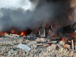 A view shows the Ukrainian State Border Guard Service site damaged by shelling in Kyiv region